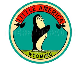 Sticker | 1960s WY State Cute Waving Penguin Wyoming Little America Sticker Decal Label