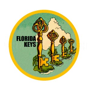 autocollant | Années 1950, Floride, Floride, 4 clés Gold Keys Florida Keys, étiquette autocollant