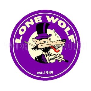 autocollant |  Loup requin de piscine cool violet des années 1950 avec queue et étiquette de décalcomanie autocollant loup solitaire haut de forme