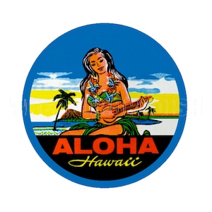 Sticker  |  1950s Aloha Hawaii Hula Girl with Guitar Hawaii Sticker Decal Label