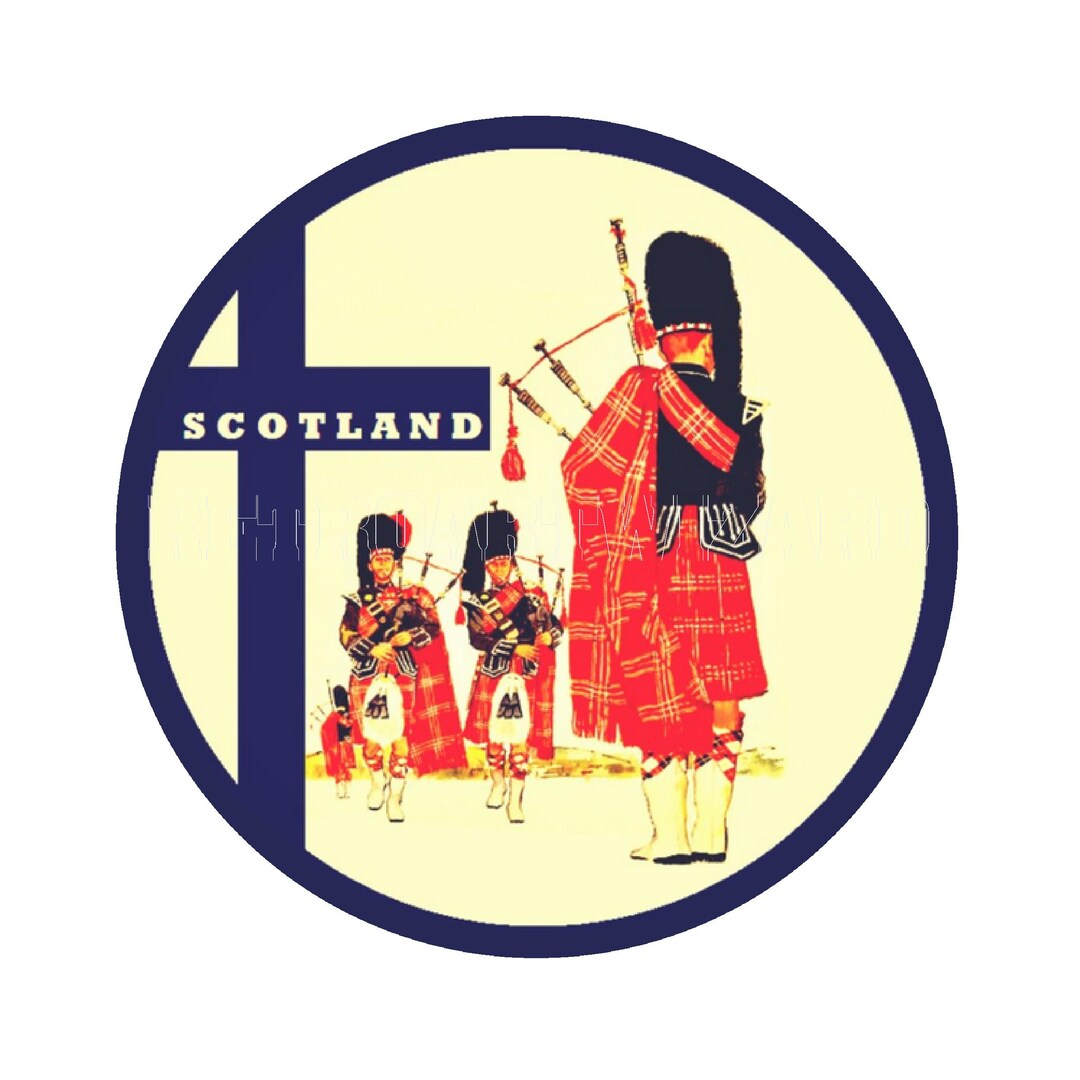 Sticker 1960s Scottish Pipers in Plaid Tartan Kilts and Playing ...
