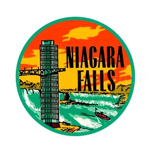 Adesivo / Etichetta adesiva con torre arancione rossa verde e barca turistica delle Cascate del Niagara degli anni '50