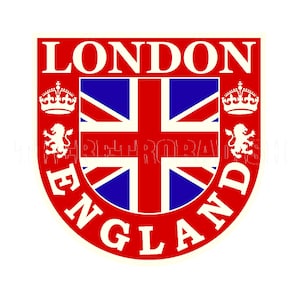 autocollant | Drapeau Union Jack, héritage anglais britannique des années 1960 Lions britanniques et couronnes royales Londres Angleterre Sticker étiquette