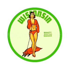 Sticker  |  1950s WI State Pinup Beauty and the Badger Wisconsin Sticker Decal Label