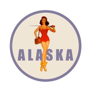 autocollant | Fille de l'État de l'AK des années 1950 avec un sac de pêche et une canne à pêche Alaska Sticker autocollant