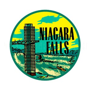 Adesivo / Etichetta adesiva con torre verde gialla blu e barca turistica delle Cascate del Niagara degli anni '50