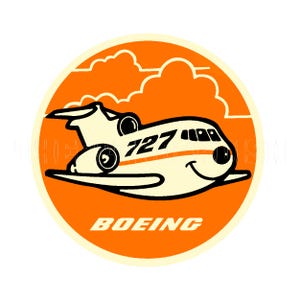 Sticker | 1980s Cartoon Smiling Jet Airplane Boeing 727 Sticker Decal Label