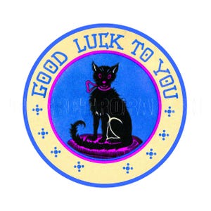 autocollant | Joli chat noir porte-bonheur bleu des années 40, bonne chance pour vous, étiquette autocollant autocollant porte-bonheur