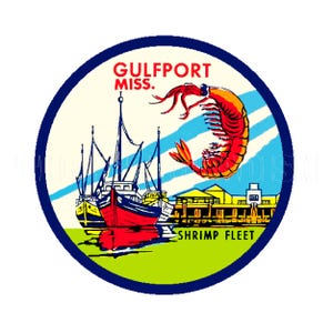 autocollant | Années 1960, MS State, bateaux de pêche, crevettes flotte, Gulfport, Mississippi, autocollant, étiquette autocollant