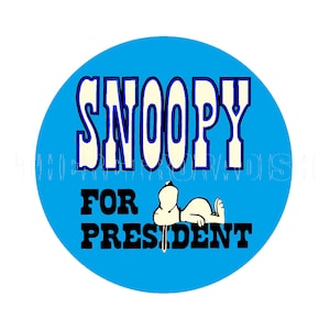 Sticker | 1970s Blue Cute &#39;Snoopy for President&#39; Taking a Nap on his Kennel Roof Snoopy Sticker Decal Label