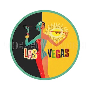 Adesivo / Etichetta adesiva decalcomania Las Vegas, vita notturna e diurna degli anni '70, sole e raffinatezza