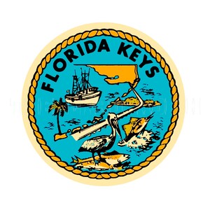 autocollant | État de Floride des années 60 avec des oiseaux, des poissons, des palmiers et un bateau de pêche, étiquette autocollante Florida Keys