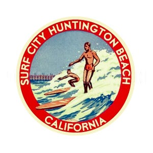 Sticker | 1960s CA California Surf City Huntington Beach Sticker Decal Label