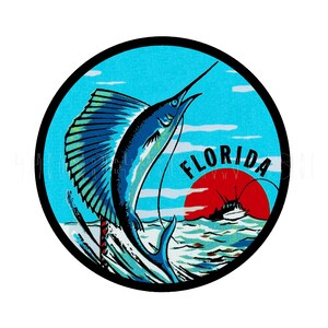 Aufkleber |  1950er Jahre FL Fischerboot Blue Marlin Angeln Florida Sticker Decal Label