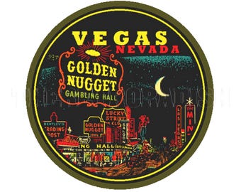 Sticker | 1950s Nevada Vegas by Night with Crescent Moon and The Golden Nugget Las Vegas Sticker Decal Label