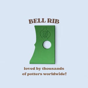 May include: A green ceramic pottery rib tool with a curved edge and a circular hole in the centre. The tool features a stamped logo of a vase with the text CERAMIC inside. Above the tool is the text BELL RIB and below is loved by thousands of potters worldwide!