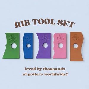 May include: A set of five colourful pottery rib tools in green, blue, purple, pink, and orange. Each tool features a circular cutout and a stamped logo. The text RIB TOOL SET and loved by thousands of potters worldwide! is printed in brown.