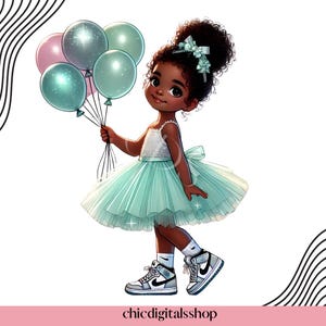Niedliches afroamerikanisches Geburtstagskind PNG, schwarzes Mädchen-Rosa Tutu-Ballett, digitaler Download, Kinder Clipart für DIY-Projekte, Party Decor & Crafts