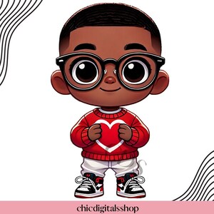 Adorable Heart Hero "African American Boy Clipart PNG, Valentines ART, Jumbo Cards, Vday Tshirts Kids