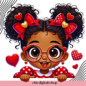Adorabile ragazza afroamericana carina di San Valentino con gli occhiali Clipart PNG, ARTE di San Valentino, Biglietti Jumbo, Magliette di San Valentino per bambini/ Bambini Peekaboo