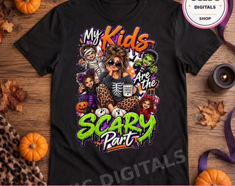 Diseño de camiseta de sublimación PNG "Mis hijos son la parte aterradora" para mamá de Halloween