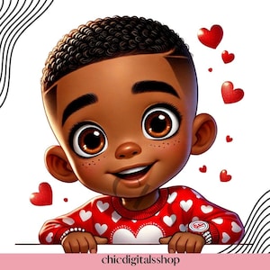 Little Love Bug" garçon afro-américain Clipart PNG, art de la Saint-Valentin, cartes Jumbo, t-shirts Vday enfants