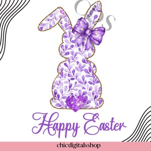 Happy Easter Bunny PNG – Purple Floral Glitter Bunny Digital Download, POD Easter 2025