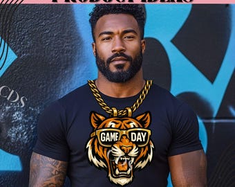 Game Day PNG Sublimation | Bold Tiger Gold Chain | Football Graphic Shirt Design | Instant Download Digital Art