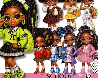 African American School Girl Clipart Bundle, Back to School PNGs (8 Designs)