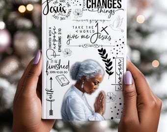 Older Woman Faith-Inspired Prayer Journal PNG Empowering Christian Devotional Notebook Praying Woman Clipart