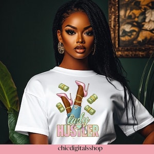Lady Hustler PNG | Clipart patron fille noire | Chaussures à talons roses, argent, graphique en jean déchiré | Stickers Hustle pour t-shirts, agendas