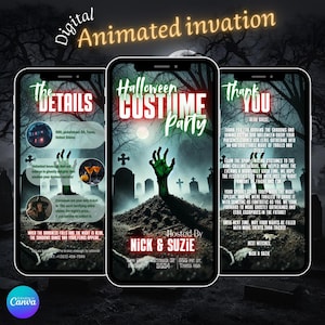 Zombie Hand Halloween Costume Party Invitation: Spooky Graveyard Design (Digital Download, Editable Canva Template)