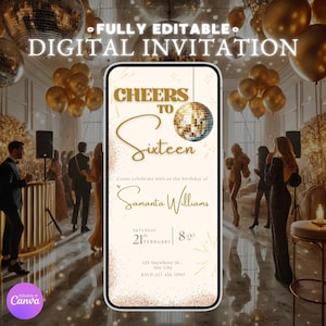 Prost auf Sechzehn Geburtstagseinladungsvorlage, bearbeitbare digitale Einladung, sofortiger Download, Gold Disco Ball Sparkle Sweet 16 Partyeinladung