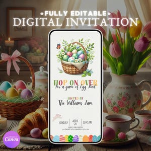 Invitations de Pâques à la chasse aux œufs, modifiables et téléchargement immédiat, invitation de Pâques numérique personnalisable, panier d'oeufs, célébration du printemps