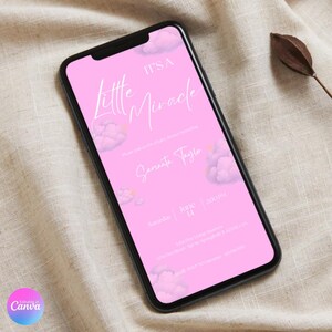 It's A Little Miracle Cloud Girl roze babyshoweruitnodigingen, aanpasbare instant download, zachte wolken en sterren, uitnodiging voor feest babymeisje