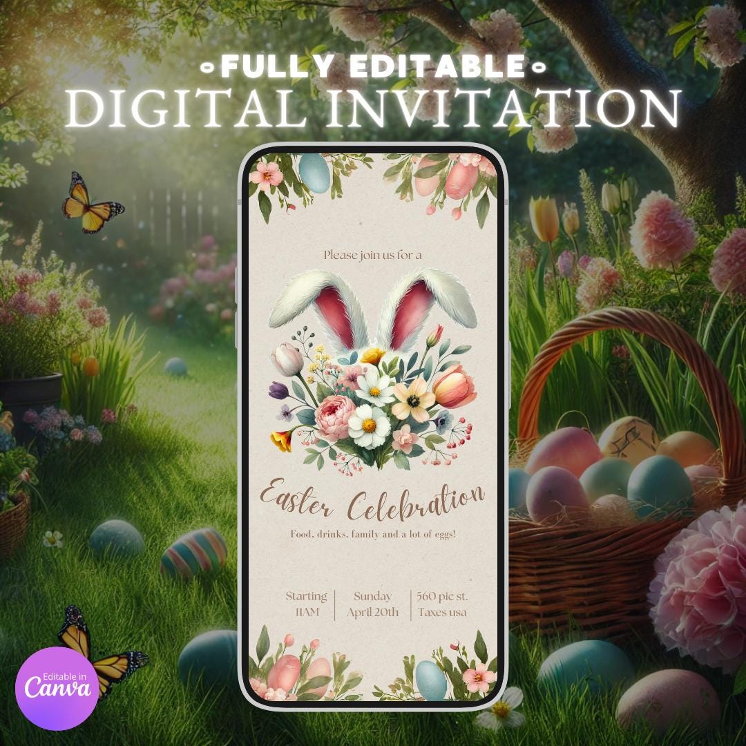 Easter Celebration Invitation Flowers Bunny Ears, Editable Easter Party ...