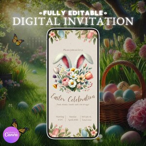 Invito per la celebrazione della Pasqua con fiori e orecchie da coniglio, invito modificabile per la festa di Pasqua, download immediato, invito per il brunch primaverile, graziose carte a forma di coniglietto