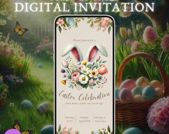 Inbjudan till påskfirande med blommor och kaninöron, redigerbar påskfestinbjudan, direktnedladdning, vårbrunchinbjudan, söta kaninkort