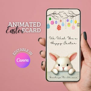 Osterhase eCard Frohe Ostern, bearbeitbarer Sofort-Download, süße Osterhase & hängende Eier, anpassbare Ostereinladungskarten Designs