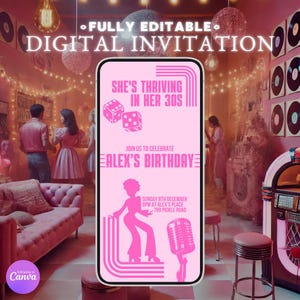 Faire-part d'anniversaire dansant rose rétro, invitation numérique modifiable, téléchargement immédiat, thème des années 80 et 90, modèle personnalisé, faire-part disco néon