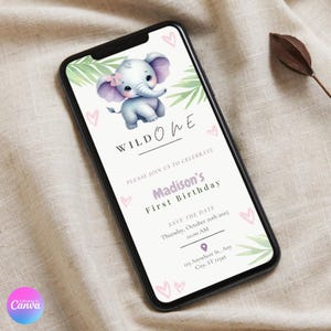 Faire-part pour le premier anniversaire de filles de Wild One | Modifiable et téléchargement instantané | Invitation d'éléphant de la jungle | Cartes mignonnes de bébé éléphant