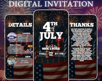 4th of July Fireworks Rockets American Party Invitations, Editable Independence Day Design, Instant Download, Customizable Patriotic Cards