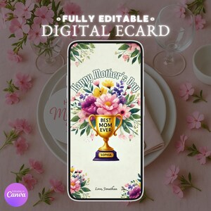 Tarjeta de flores con trofeo "La mejor mamá del mundo", descarga instantánea, diseño editable para el Día de la Madre, tarjeta de regalo personalizada para mamá, saludo personalizable