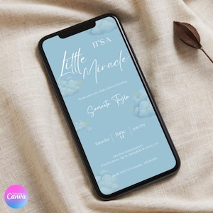 Invitaciones para baby shower de It's A Little Miracle Cloud Boy Blue, descarga instantánea, invitación digital personalizable y editable, plantillas de tarjetas Canva