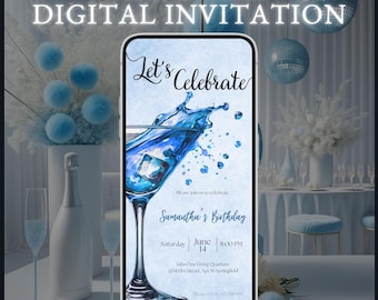 Blue Cocktail Birthday Invitation: Editable Digital Party Invite (Canva Template, Instant Download)