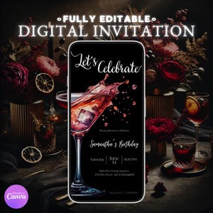 Pode incluir: Um convite digital num ecrã de smartphone com o texto "Let's Celebrate" e detalhes do evento. O convite apresenta uma ilustração de cocktail sobre um fundo escuro com arranjos florais.