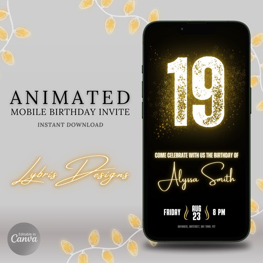 Gold 19th Birthday Invitation | Customizable Digital Party Invite ...