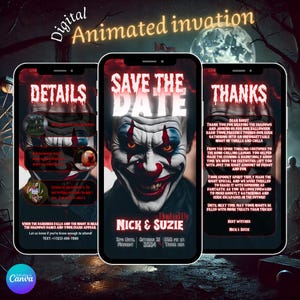 Scary Clown Save the Date Invitation, Editable Halloween Party Invite Download, Smiling Clown Digital Template for Costume Celebration Cards
