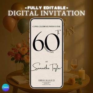 Minimalistische Einladungen zum 60. Geburtstag, bearbeitbare digitale Vorlage, Sofort-Download-Party einladen, moderne Feier zum 60., anpassbare Karte