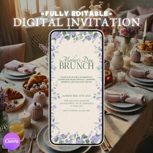 Invitaciones de lavanda para el brunch del Día de la Madre, descarga instantánea editable, invitación floral morada en acuarela, tarjeta digital para el brunch del Día de la Madre